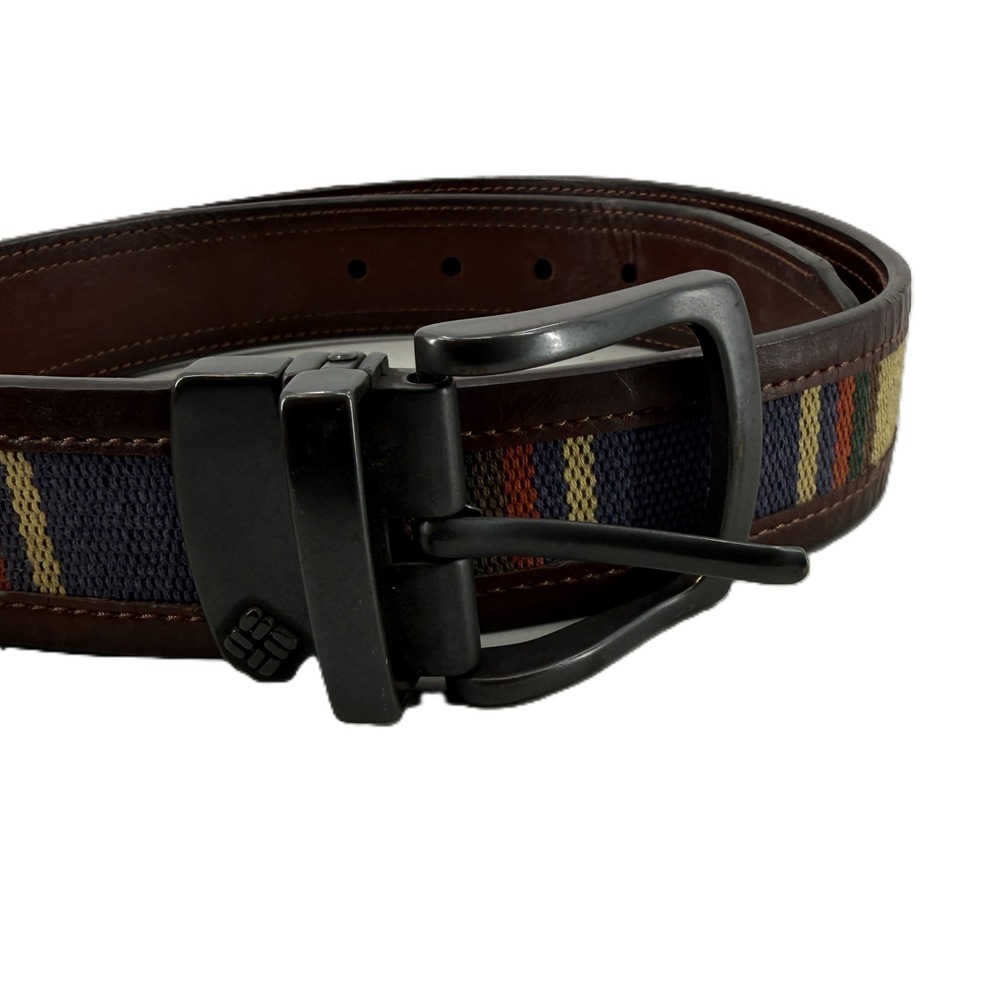 Columbia Reversible Belt Mens 38 Brown Multi-Color Striped Leather 11CO02H8